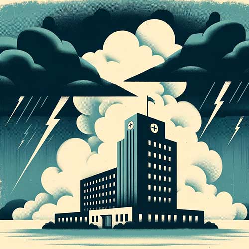 Illustration of a hospital in a storm