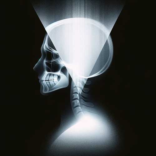 A stylized x-ray of a human skull